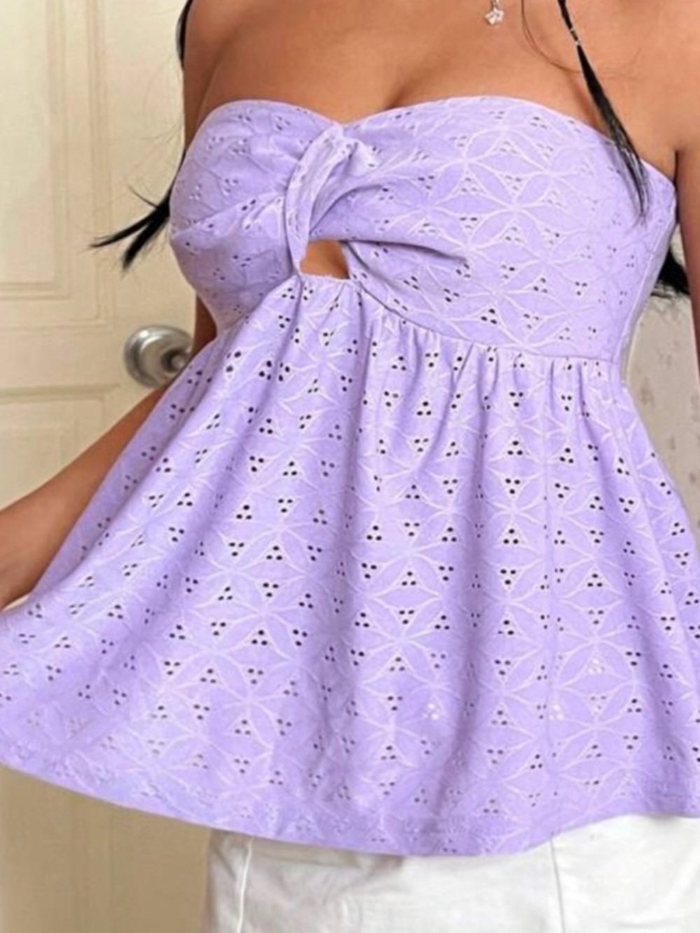 SHEIN Pink & Purple Eyelet, Blue Tie-Front Strapless Tops & White V-Neck Cami - Picture 12 of 15
